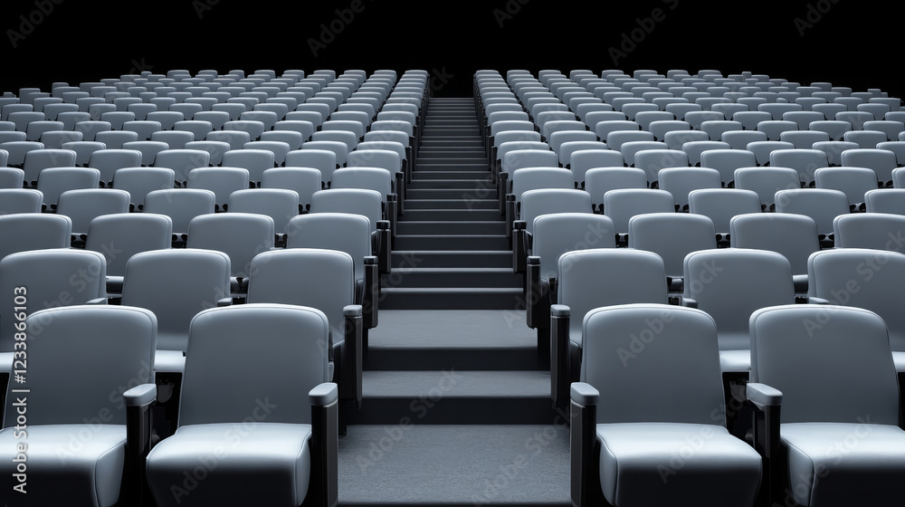 Naklejka premium Empty theater seating with rows of gray chairs and steps leading up. design creates sense of anticipation and spaciousness, perfect for events or presentations