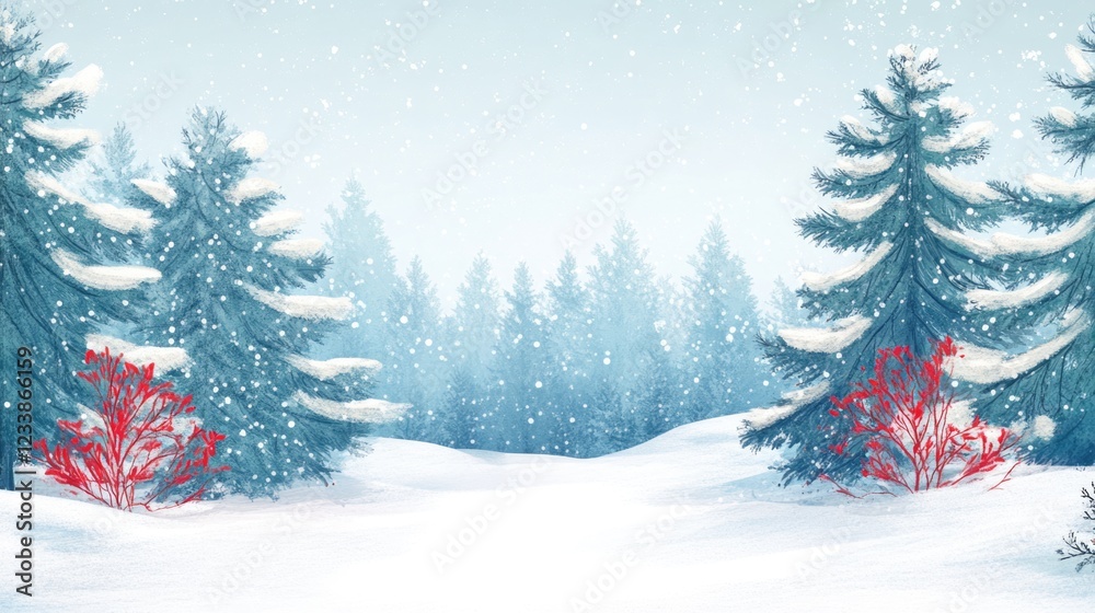 Obraz premium Winter Wonderland Landscape with Snow-Covered Pines and Blank Space for Text or Designs