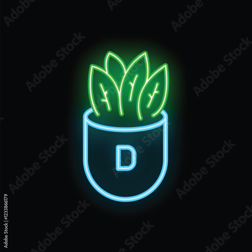 Bright neon sign of a plant with lush leaves growing in a pot with the letter d on a black background