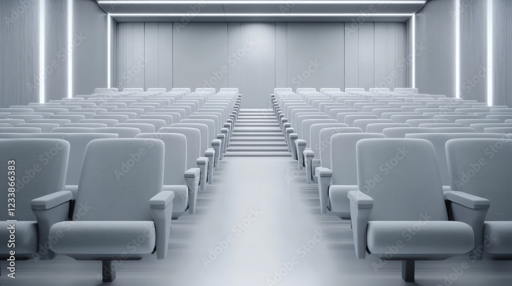 Fototapeta premium Modern auditorium with rows of gray seats and minimalist design, creating serene atmosphere for presentations or lectures. clean lines and neutral tones enhance focus and engagement