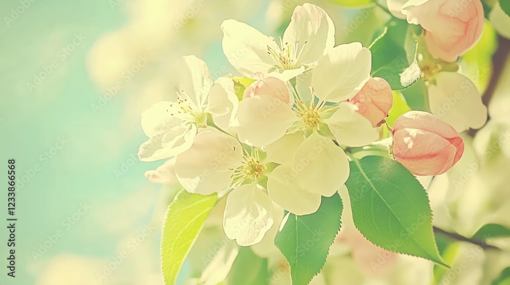 Fototapeta premium Close-up of delicate, light pink and white apple blossoms on a branch against a soft blue sky.