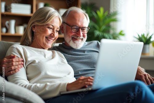 An Elderly Couple Joyfully Engaging with Technology Together at Home, Sharing a Digital Moment on a Laptop While Seated Comfortably on Their Couch photo