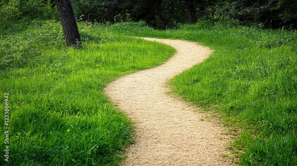 Obraz premium Serene winding dirt path through lush green grass in tranquil countryside landscape