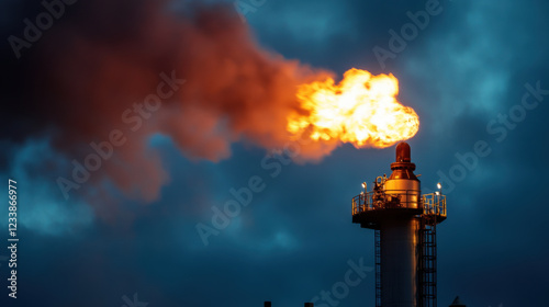 towering flare stack burning off excess gas against dramatic sky photo