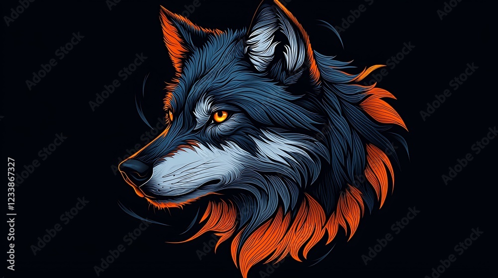 Fototapeta premium Stylized wolf head illustration with vibrant colors against a dark background, showcasing detailed fur