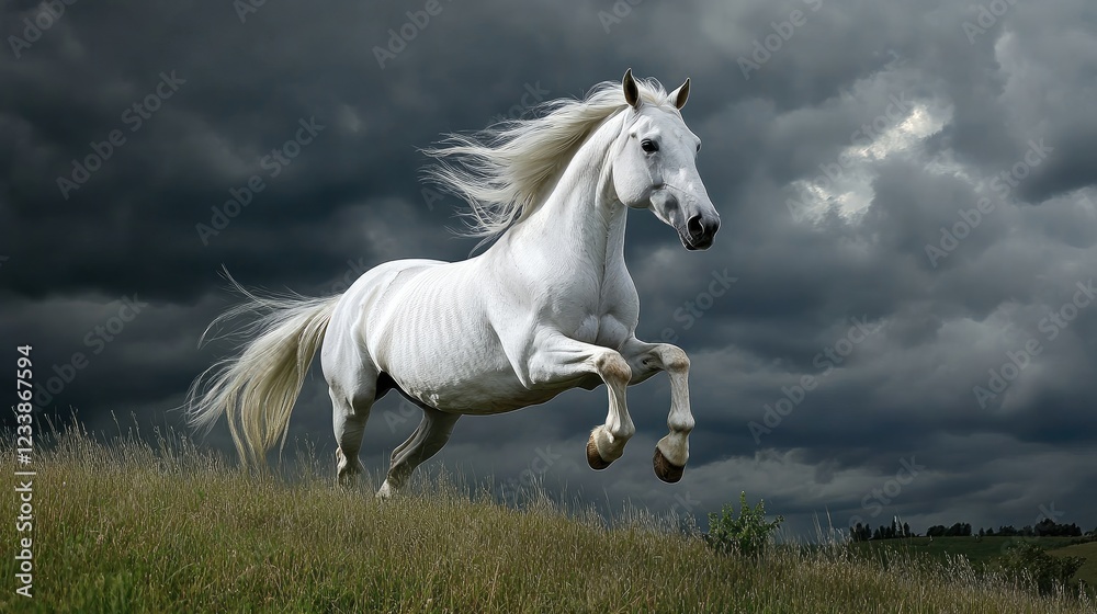 Fototapeta premium Majestic White Horse Gallops on Lush Hill against Dramatic Stormy Sky