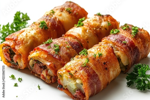 Cabbage rolls wrapped in bacon with herbs and spices resting on baking paper photo