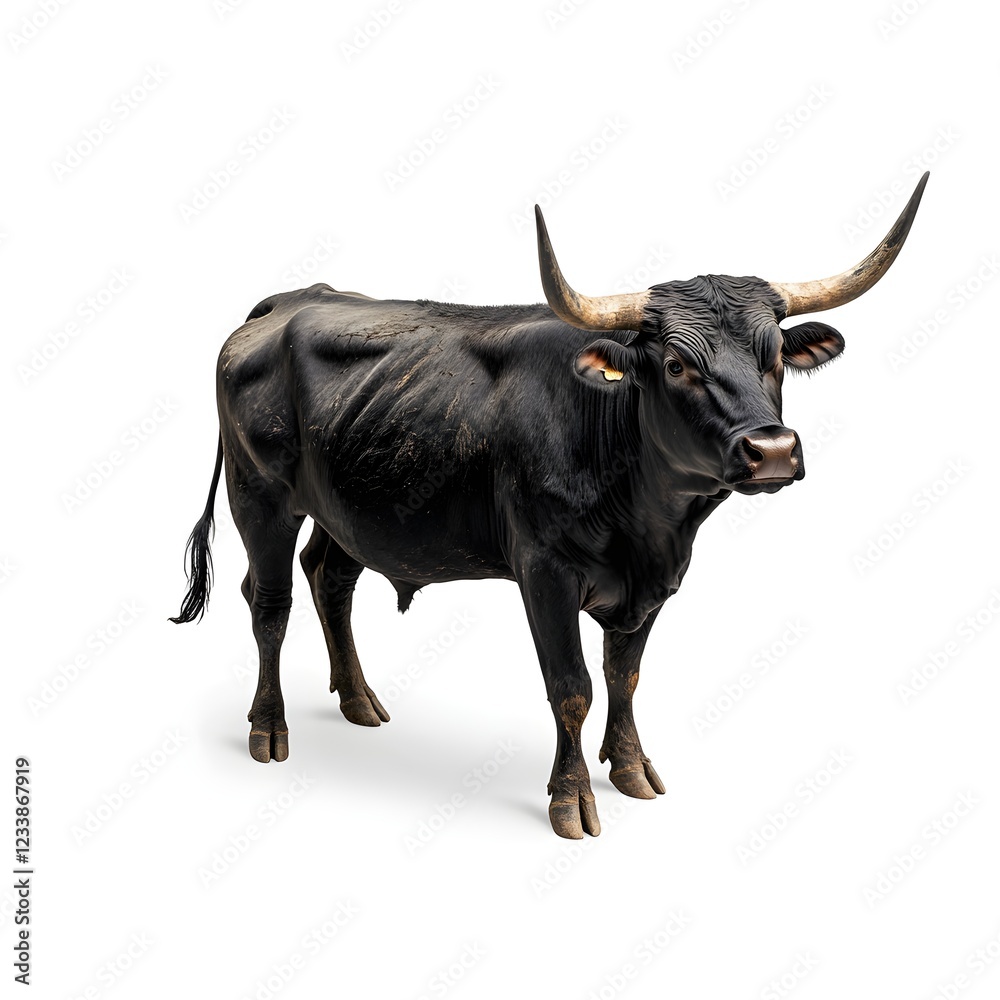 Naklejka premium Black bull, full-body, standing isolated on a white background. Detailed photograph, PNG format.