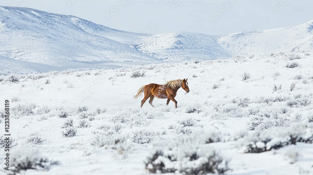 Fototapeta premium Wild horse running through a serene snowy landscape with distant mountains and shrubs in winter wilderness