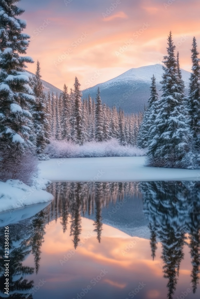 Obraz premium Beautiful majestic landscape with snow covered forest and lake