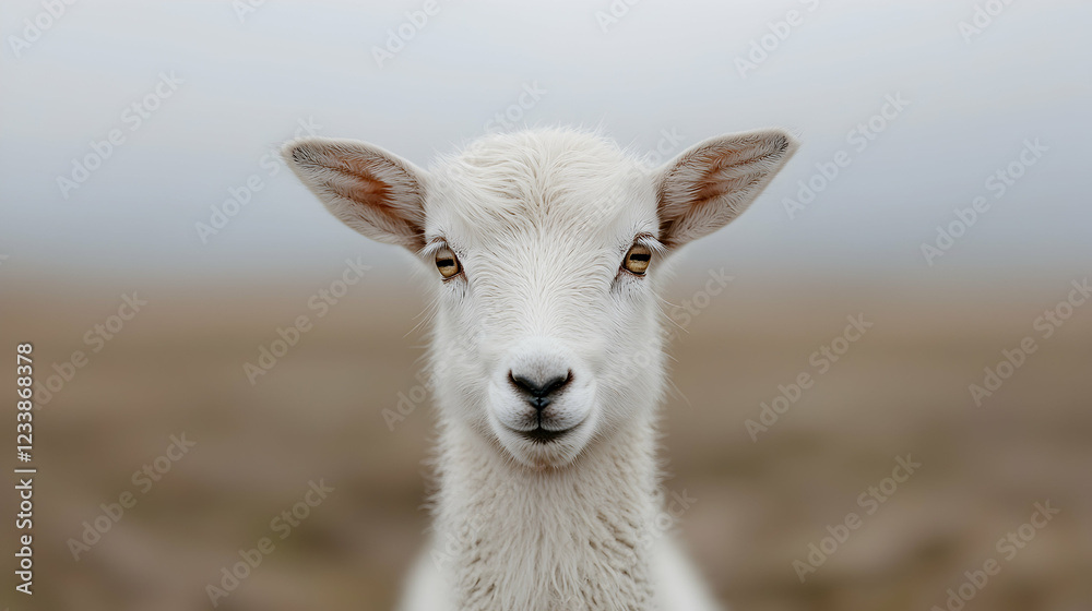 Obraz premium White lamb stares, foggy field background, farm animal portrait