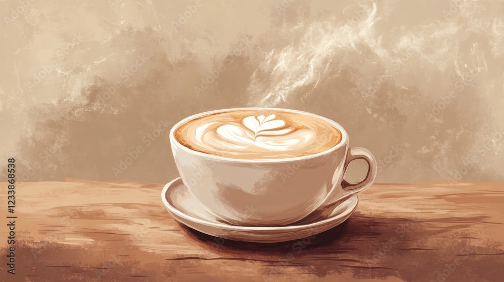Obraz premium Steaming latte art coffee cup on wood, cafe background
