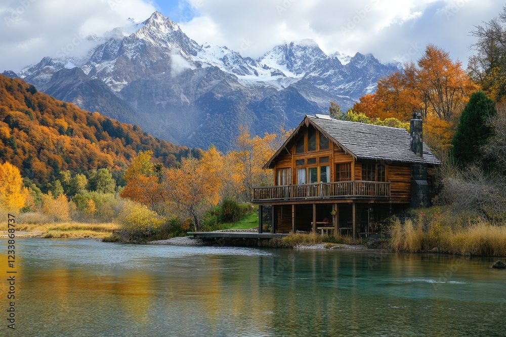 Fototapeta premium Cozy cabin by a serene mountain lake in autumn