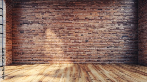 Cozy modern loft interior with brick wall and wooden floor providing ample empty space for creative design or decoration ideas.