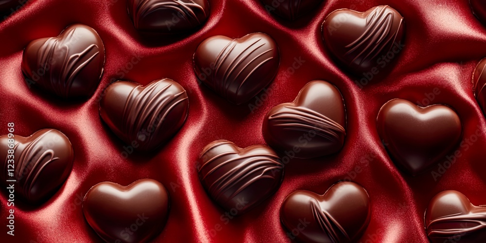 Fototapeta premium Delicious Chocolate Love Hearts on Red Satin Background Romantic Valentines Day Treat
