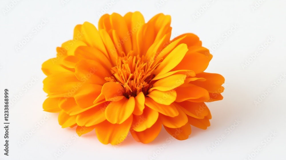 A bright marigold flower head with symmetrical petals, placed neatly on a white background A bright marigold flower head with symmetrical petals, placed neatly on a white background