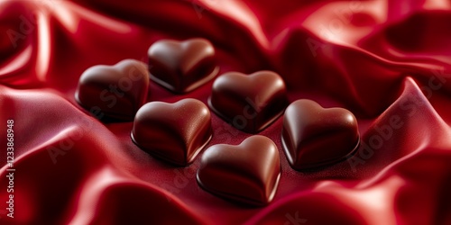 Delicious Chocolate Love Hearts on Red Satin Romantic Valentines Day Treat photo