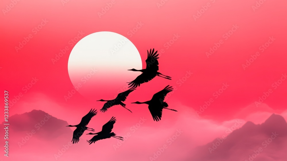 Silhouetted Cranes Flying Against Vibrant Sunset in Pink Sky Silhouetted Cranes Flying Against Vibrant Sunset in Pink Sky
