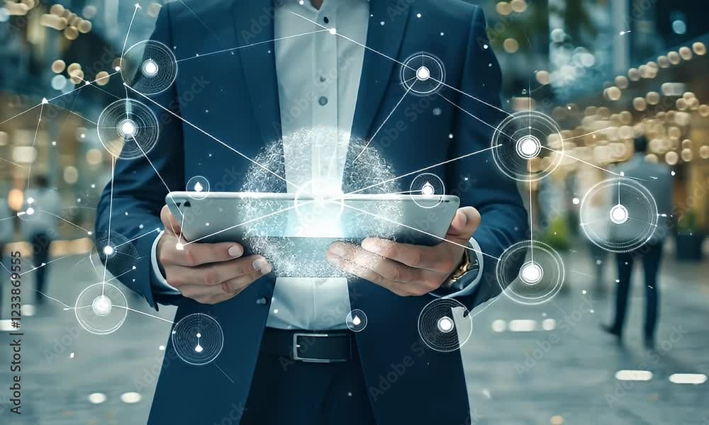 Businessman holding tablet, network connection, city background, global communication