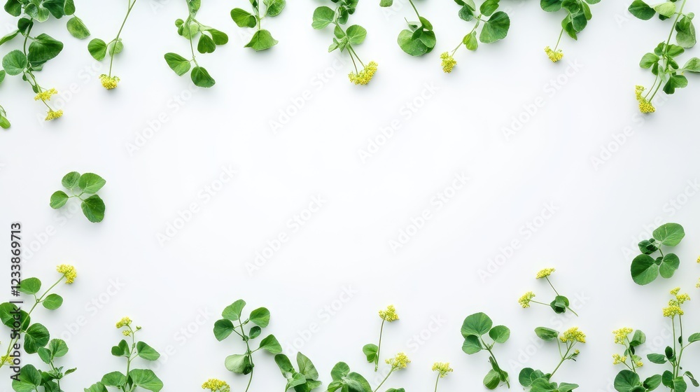 Vibrant yellow mustard flowers and lush green leaves arranged artistically on a clean white background capturing a fresh and natural botanical aesthetic. Vibrant yellow mustard flowers and lush green leaves arranged artistically on a clean white background capturing a fresh and natural botanical aesthetic.