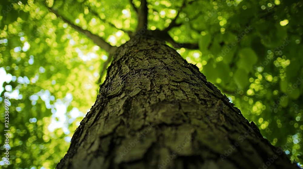Lush green leaves canopy, tree trunk view from below, sunlight dappled background, nature photography Lush green leaves canopy, tree trunk view from below, sunlight dappled background, nature photography