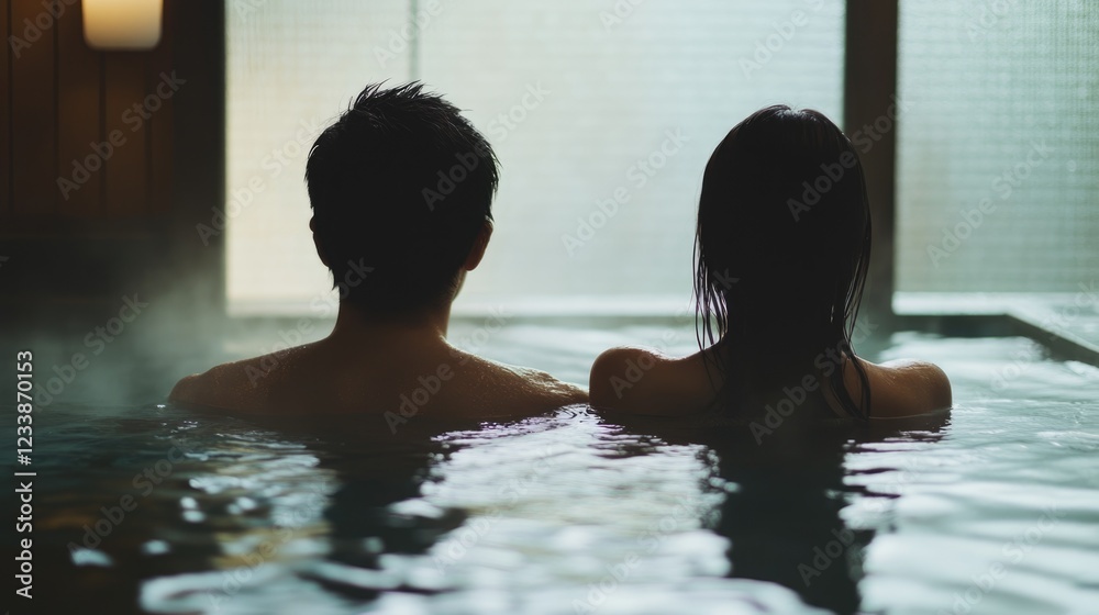 Couple Enjoying Serenity in Hot Spring Onsen Relaxing in Warm Water at Luxurious Spa with Natural Ambient Light Couple Enjoying Serenity in Hot Spring Onsen Relaxing in Warm Water at Luxurious Spa with Natural Ambient Light