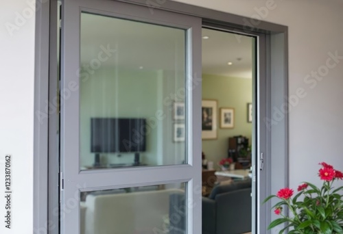 Contemporary sliding patio door with transparent view into modern living space