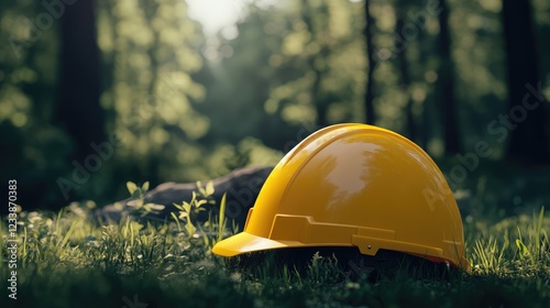 Bright Yellow Safety Helmet Resting on Lush Green Grass Surrounded by Soft Sunlight in a Dense Forest Environment photo