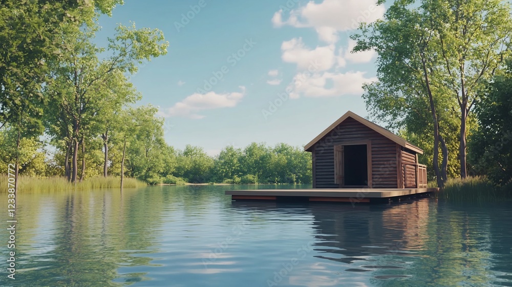 Obraz premium A tranquil lakeside scene featuring a wooden cabin on a floating dock surrounded by trees