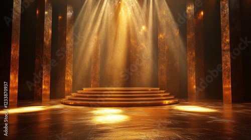 A golden royal awards podium surrounded by radiant spotlights, with premium textures and an elegant stage design photo