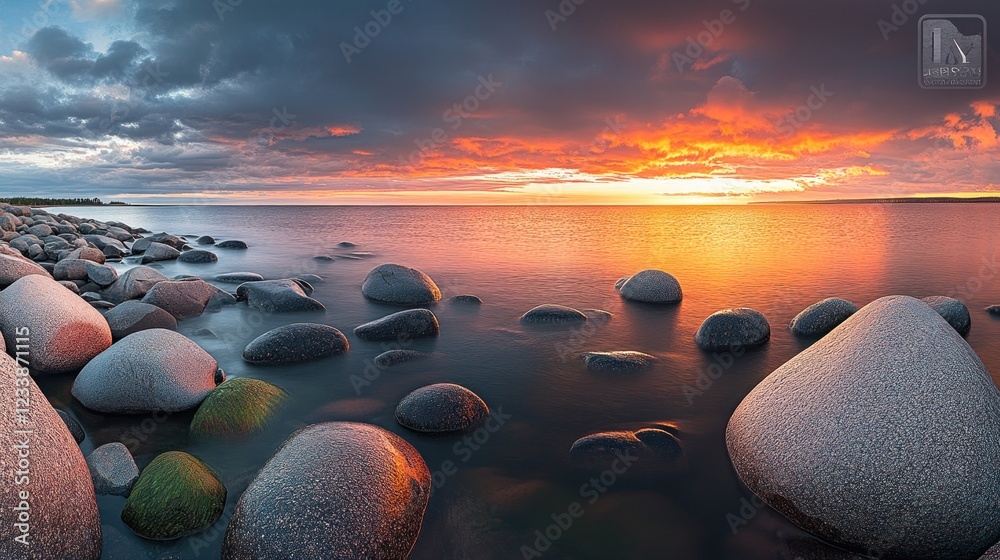 Obraz premium Serene Sunset over Rocky Coastline: A Panorama of Tranquility