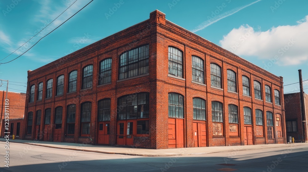 Historic brick warehouse building under blue sky Historic brick warehouse building under blue sky