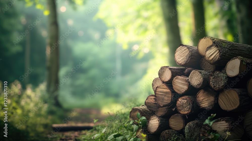 Firewood Stacked in Forest with Soft Focus Background Ideal for Text Overlay or Nature-Themed Designs Firewood Stacked in Forest with Soft Focus Background Ideal for Text Overlay or Nature-Themed Designs