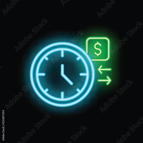 Glowing neon icon of clock with money symbol and double arrow, representing time management