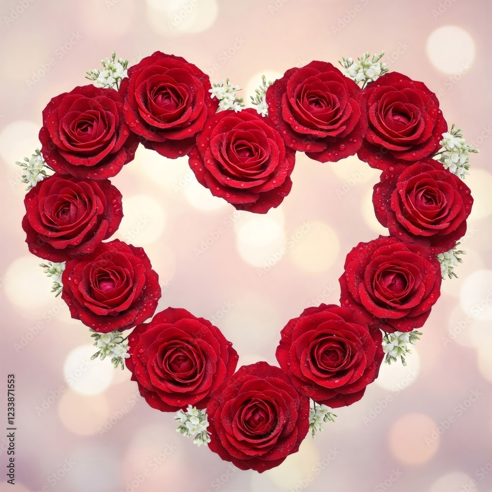 Red roses forming heart shape on sparkling background