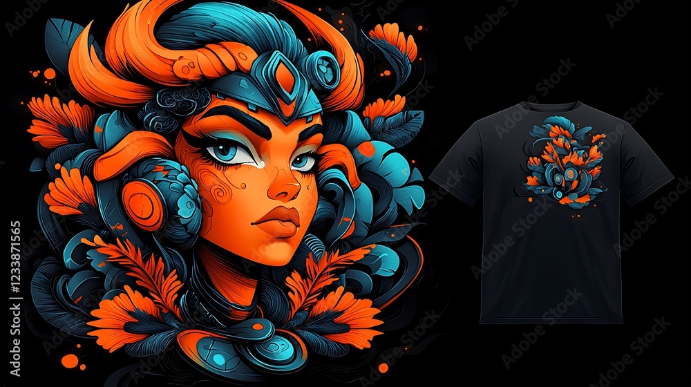 Naklejka premium Vibrant and Artistic T-shirt Design Featuring a Bold Female Character Surrounded by Nature Elements