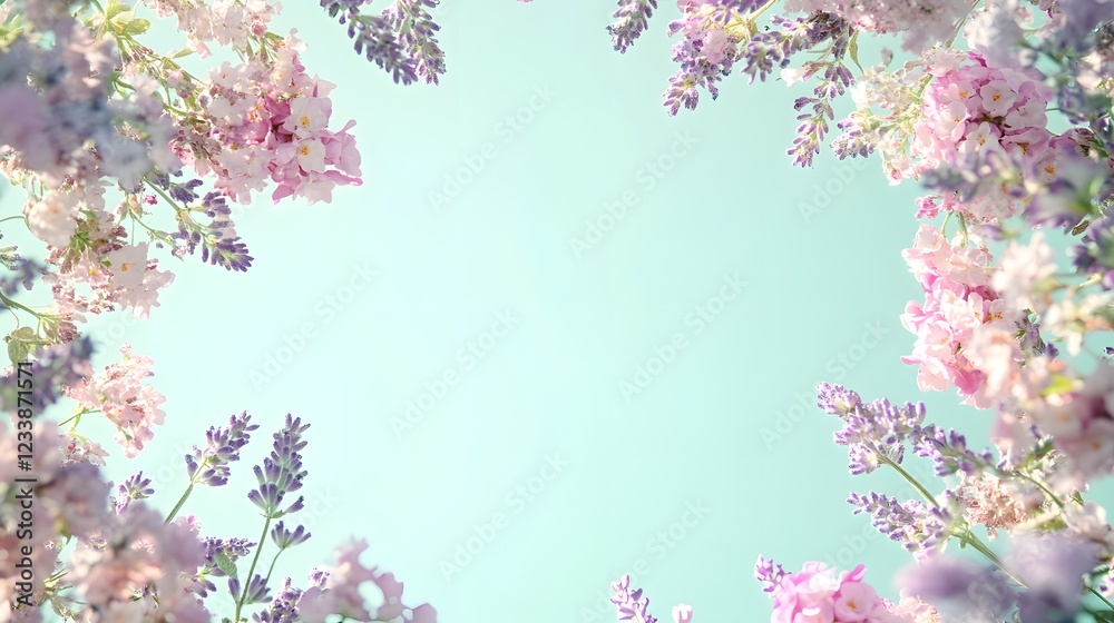 Obraz premium Soft Floral Frame with Pink and Purple Flowers on Light Blue Background