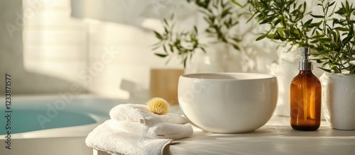 Charming bathroom setting featuring a bowl and remedies with space for text in a serene home environment