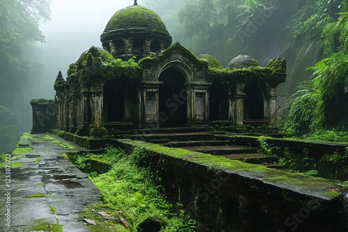 An ancient masjid hidden deep Cleanin a rainforest surrounded by dense tropical foliage moss-covered stone walls photo