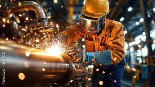 Welding worker in heavy industry sparks flying from metal pipe