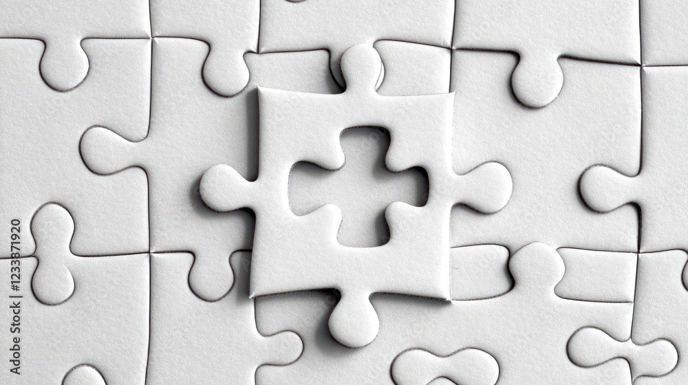 Close-up of a single missing piece in a white jigsaw puzzle. Close-up of a single missing piece in a white jigsaw puzzle.