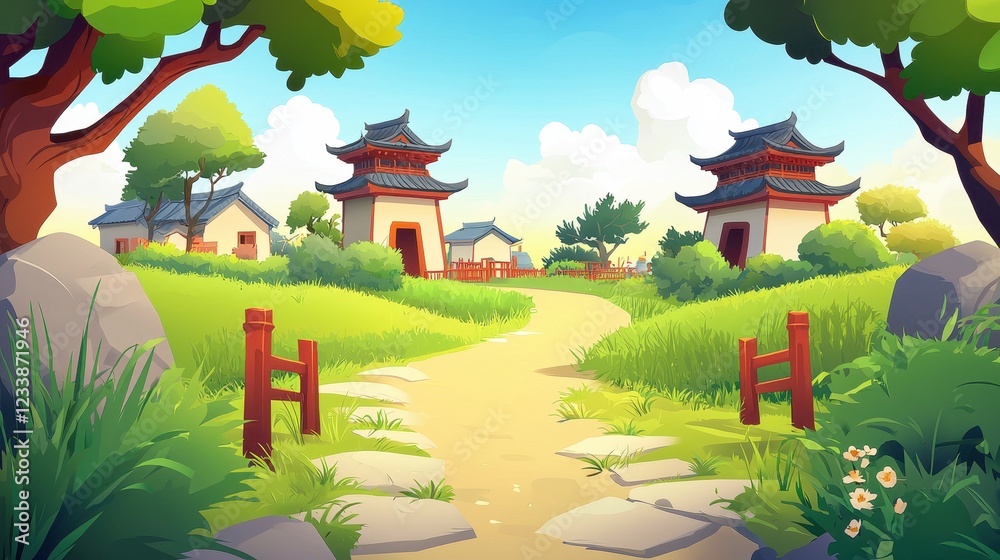 Obraz premium Serene Asian Village Path Winding Through Lush Greenery