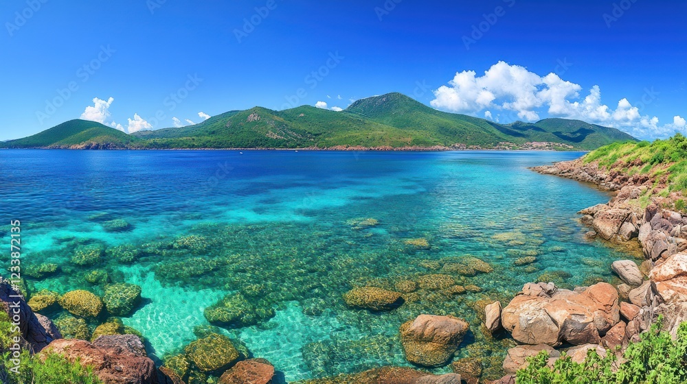 Serene Tropical Bay: Turquoise Waters and Lush Green Mountains Serene Tropical Bay: Turquoise Waters and Lush Green Mountains