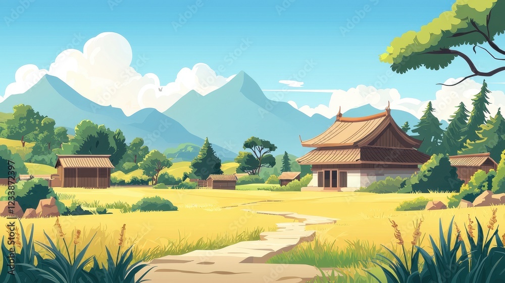 Fototapeta premium Serene Asian Village Landscape With Mountain View