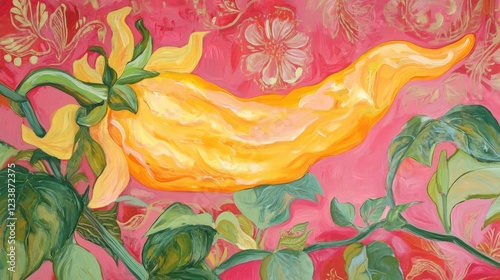 Vibrant Yellow Pepper Surrounded by Green Leaves Against a Soft Pink Floral Background in a Lively Artistic Composition photo