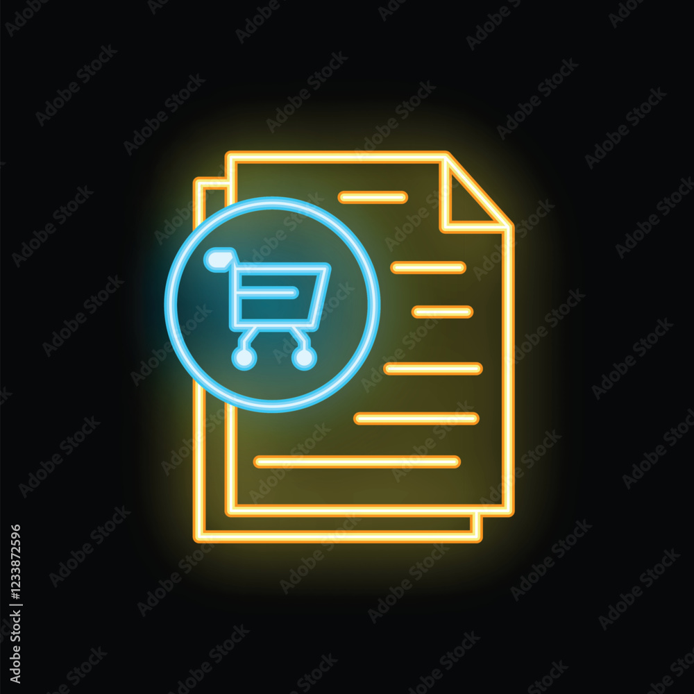 Neon shopping cart icon is glowing over documents, representing the concept of online shopping and e commerce Neon shopping cart icon is glowing over documents, representing the concept of online shopping and e commerce