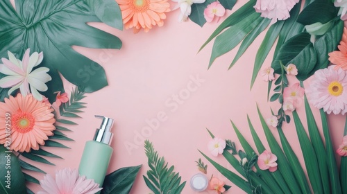 Women s Movement Floral Beauty Products Skincare Arrangement with Empty Space for Text on a Pink Background photo