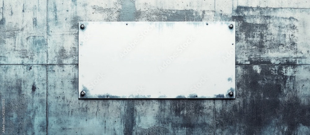 Fototapeta premium Blank metal sign on a weathered concrete wall with industrial texture suitable for advertising or informational use Copy Space