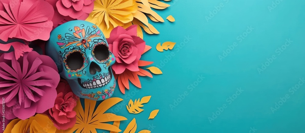 Obraz premium Vibrant papel picado and colorful skull celebrate Day of the Dead with empty space for text on a bright turquoise background