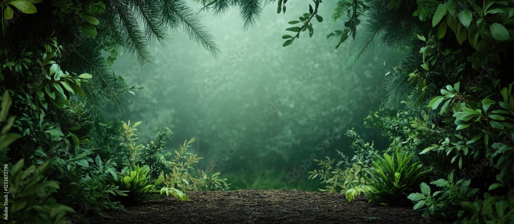 Fototapeta premium Lush Cedar Forest Scene with Dense Foliage and Ample Copy Space for Text or Branding Use